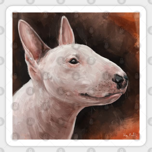 A Painting of a Bull Terrier Smiling on Hot Dark Orange Background Sticker by ibadishi